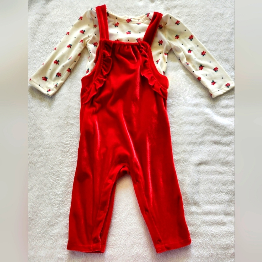 Baby Girl's Velour Overall and Bodysuit Set-Brilliant Red